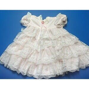 Vintage Jo Lene Pink Tiered Lace Toddler Dress Rosette Made in USA Size 3T